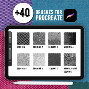 K&ouml;nnte beinhalten: Ein digitales Tablet zeigt eine Sammlung von 40 Procreate-Pinseln mit verschiedenen Pailletten- und Tierdrucktexturen. Der Bildschirm zeigt acht verschiedene quadratische Muster mit der Beschriftung Sequins, Sequins 2, 3, 4, 5, 6, 7 und Animal Print Sequins.