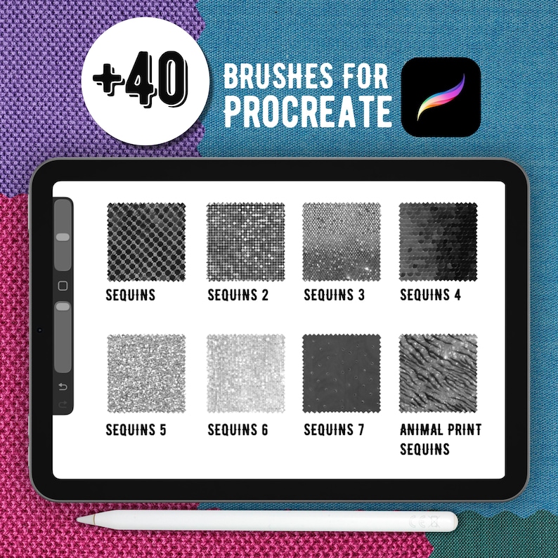 K&ouml;nnte beinhalten: Ein digitales Tablet zeigt eine Sammlung von 40 Procreate-Pinseln mit verschiedenen Pailletten- und Tierdrucktexturen. Der Bildschirm zeigt acht verschiedene quadratische Muster mit der Beschriftung Sequins, Sequins 2, 3, 4, 5, 6, 7 und Animal Print Sequins.