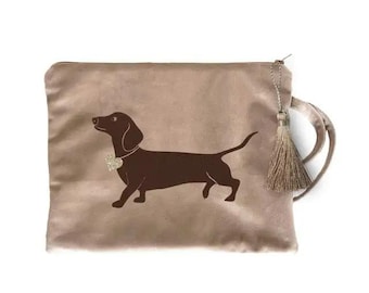 Velvet cosmetic bag with dachshund design