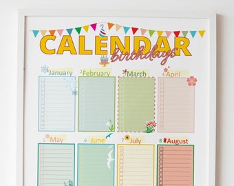 Birthday Calendar Printable Fillable Editable, Perpetual Calendar, Birthday Board, Family Calendar, Birthday Planner, Printable Planner