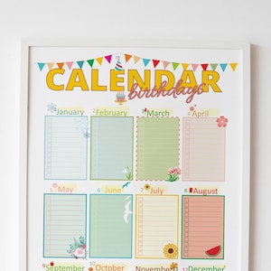 Birthday Calendar Printable Fillable Editable, Perpetual Calendar, Birthday Board, Family Calendar, Birthday Planner, Printable Planner