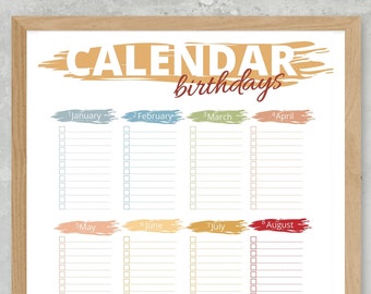 Birthday Calendar Printable Editable, Perpetual Calendar, Calendar Zile de Nastere, Birthday Board, Family Calendar, Family Birthday Planner