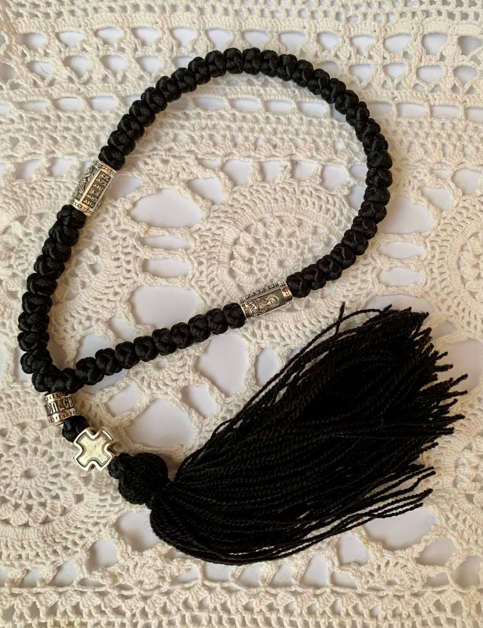 Komboskini With Silver Icons 50 Nodes, Sterling Silver Beads
