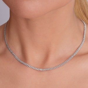 14K Gold and Diamond Cuban Necklace, 3MM Thick Natural Diamond Necklace, 14K Solid Gold Cuban Chain, Dainty Cuban Necklace, Anniversary Gift