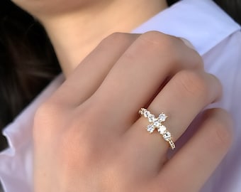 Sideways Cross Ring | CZ Sterling Silver, Gold & Black Rhodium Plated