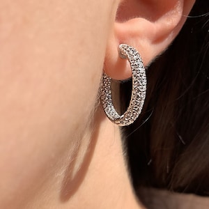 Inside Out CZ Hoops | 1 Inch Pave Hoop | Cubic Zirconia Hoop Earrings | Pave Cz Earrings | Round Hoops | Small Hoops | Medium Hoops