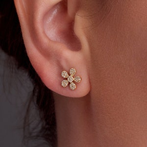 Diamond Earrings, 14K Gold Flower Stud Earrings, Real Diamond Studs, Diamond Cluster Earrings, Anniversary Gift