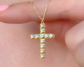 Gold Cross Pendant Necklace CZ Pendant Cross Necklace Religious Necklace Sterling Silver Dainty Cross Necklace For Women Religious Jewelry