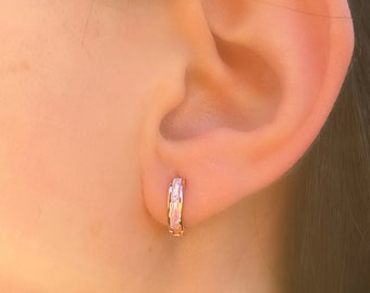 Rose Gold Opal Huggie Earrings | Tiny Silver Opal Earrings | Inlay Pink Opal Huggies | Earrings For girlfriend | Opal Huggie Earrings