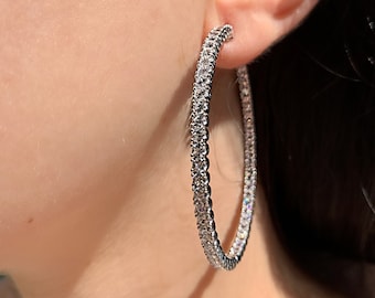 Big Diamond Hoop Earrings | 55 mm Hoop Earrings | Inside Out Hoop Earrings | Round Cut Diamond CZ Hoop Earrings | CZ Hoops | Fancy Hoops