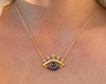 Gold Evil Eye With Lashes | Evil Eye With A Crown | Protection Necklace | Gold Plated Evil Eye Necklace | Gold Talisman Necklace |Gift Ideas