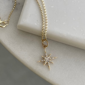 Celestial North Star Diamond Necklace | 14K Gold Star Necklace | Diamond Starburst Pendant Necklace | Gift For Her | Christmas Gift