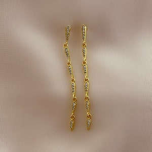 Gold Thin Long Dainty Drop Earrings Cubic Zirconia Minimalist Simple Earrings 18K Gold Linear Drop Statement Earrings Bridal Earrings