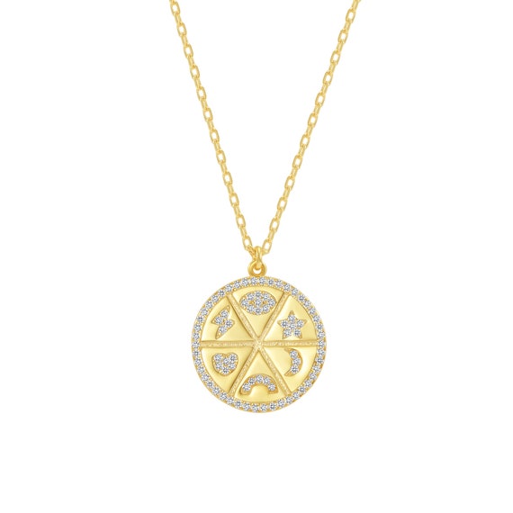 Celestial Medallion Necklace with Cubic Zirconia Star, Lightning, Evil Eye, Heart, Moon Celestial Medallion Necklace with Cubic Zirconia Star, Lightning, Evil Eye, Heart, Moon