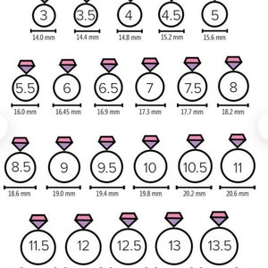 May include: A chart showing ring sizes from 3 to 13.5, with corresponding measurements in millimeters. Each ring size is represented by a circle with a pink diamond inside.