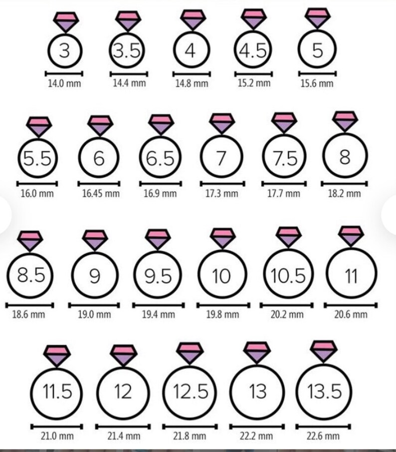 May include: A chart showing ring sizes from 3 to 13.5, with corresponding measurements in millimeters. Each ring size is represented by a circle with a pink diamond inside.