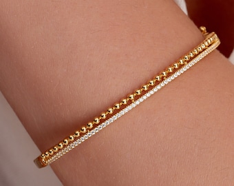 Gold Trendy Bracelet, 14K Gold Vermeil Bangle, Beaded Simulated Diamond Bracelet, Everyday Jewelry, Dainty Bracelet, Gift for Her