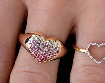 14K Gold Heart Shape Signet Ring, Pink Simulated Diamond Heart Ring, Gold Heart Signet Ring, Mother's Day Gift, Valentine's Day Gift