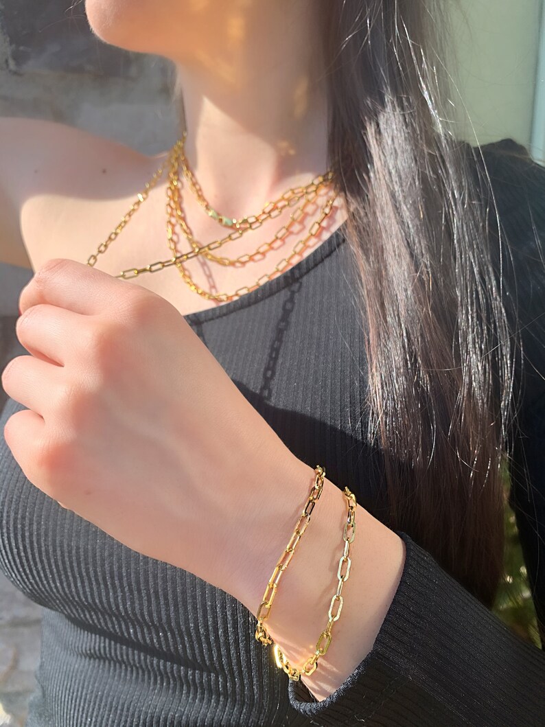 Layering Bracelet Elongated Link Bracelet Unisex Jewelry Gold Chain Bracelet 3.5 MM Chain Bracelet Gold Paper Clip Link Bracelet