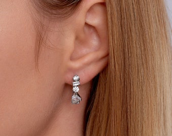 Simulated Diamond Hoop Earrings, Asymmetric Stone Hoops, Dainty Jewelry, Minimalist Jewelry, Pear, Round, Emerald
