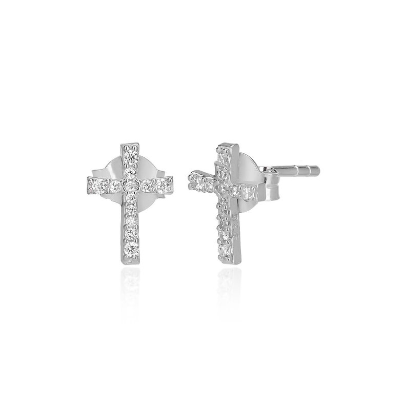 Tiny Cross Stud Earrings Sterling Silver Cross Earrings Tiny Studs Dainty Studs CZ Studs Cross Studs Minimalist Studs Baptism Gift image 3