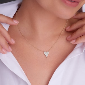 Diamond Heart Necklace, 14K Gold Heart Pendant, Love Necklace, Round Cut Diamond Necklace, Gold Heart Necklace, Anniversary Gift