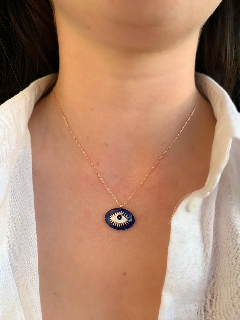 Evil Eye Necklace Gold Enamel Jewelry 925 Gold Everyday Necklace Fashion Jewelry Blue Medallion Necklace Dainty Necklace