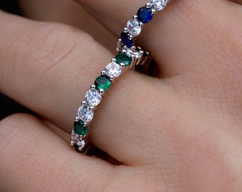 14K Gold Gemstone Eternity Band, Simulated Diamond Eternity Ring, Emerald Eternity Band, Sapphire, Ruby, Minimalist Ring, Everyday Jewelry