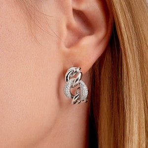 14K Gold Cuban Link Earrings, White Rhodium Cuban Link Earrings, Simulated Diamond Cuban Link, 14K Gold Hoops, Huggies