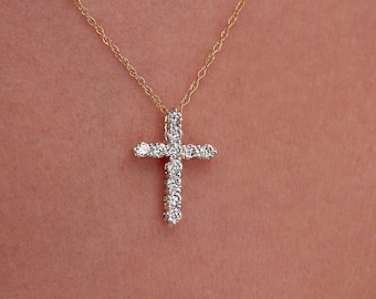 14K Gold Diamond Cross Pendant Necklace, Religious Gift