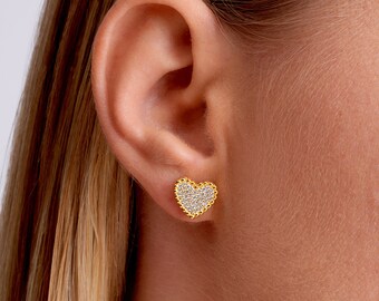 Gold Heart Stud Earrings, Simulated Diamond Studs, Dainty Jewelry, Pave Studs, Minimalist Jewelry, 10MM