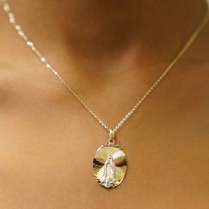 14K Solid Gold Guadalupe Pendant | Solid Gold Miraculous Medal Necklace | Gold Mary Virgin Pendant | Mother Mary Necklace