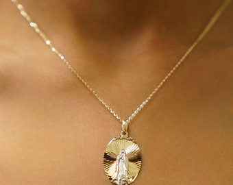 14K Solid Gold Guadalupe Pendant | Solid Gold Miraculous Medal Necklace | Gold Mary Virgin Pendant | Mother Mary Necklace