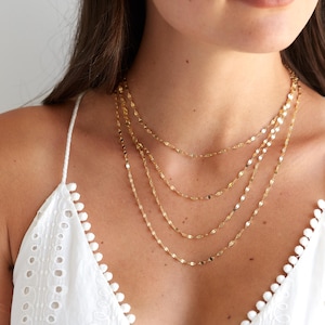 14K Solid Gold Mirror Chain, Stackable Layering Necklace, Italy