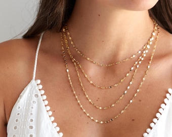 14K Solid Gold Mirror Chain, Stackable Layering Necklace, Italy