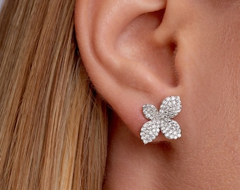 Flower Stud Earrings, Simulated Diamond Floral Earrings, Pave Setting, Birthday Gift, Minimalist Jewelry