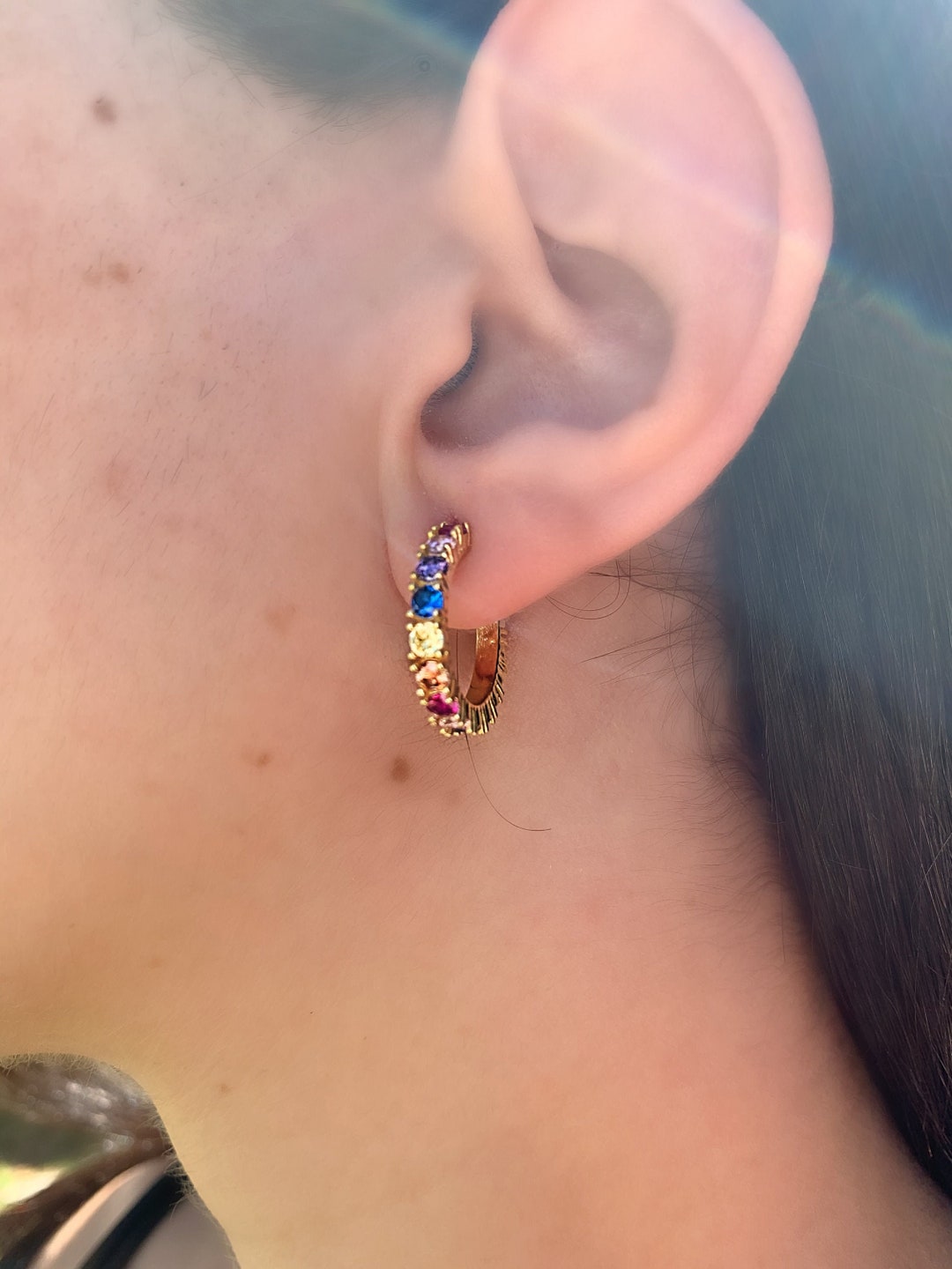 Diamond Rainbow Hoop Earrings Gold Rainbow CZ Hoops Gold Tiny Hoops