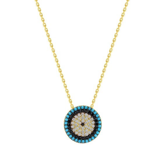 Evil Eye Necklace 14k White Gold with Nano Turquoise Cubic Zirconia Evil Eye Necklace 14k White Gold with Nano Turquoise Cubic Zirconia