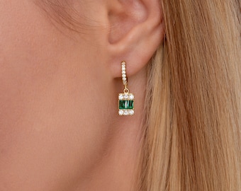 Emerald Huggie Earrings, Huggies, 14K Gold Vermeil Emerald Earrings, Dainty Gold Earrings with Green Gemstone, Gold Hoop Earrings