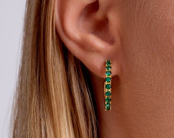 Dainty Gold Hoop Earrings, 14K Emerald Hoop Earrings, Prong Setting, Color Gemstone Hoops, Rainbow Hoops, Prong Setting, 17MM, 26MM