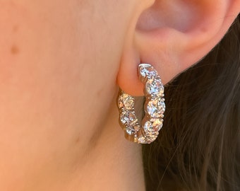 Simulated Diamond Hoop Earrings | Sterling Silver Inside Outside 5 MM 5A CZ Hoop Earrings | CZ Hoops In Sterling Silver For Women