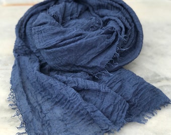 Natural linen scarf-Blue-soft scarf- all seasons scarf- trending item- long scarf- men/ women scarf- unisex- custom color scarf- linen shawl