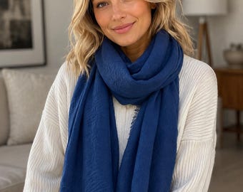 Navy Blue Linen Scarf for Men, Soft Classic Summer Shawl