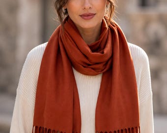 Brick Red Cashmere Scarf, Rustic Fringed Winter Wrap