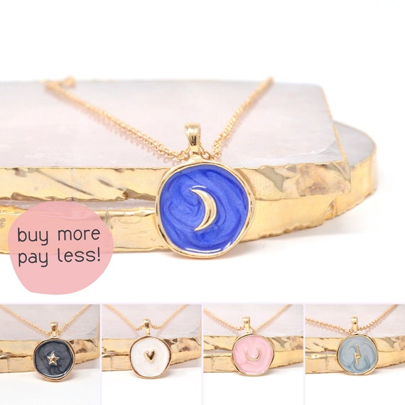 Round Necklace, Circle Colorful Minimal Pendants, Little girls Necklaces, Small Moon, Star, Heart, Good Luck, Lightening Necklace