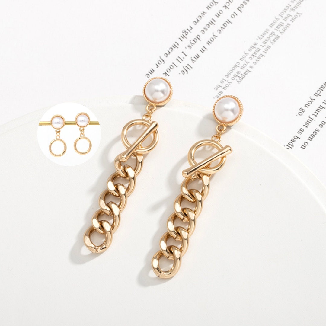 Chain Link Earrings With Pearls Circle Studs Long Versatile - Etsy