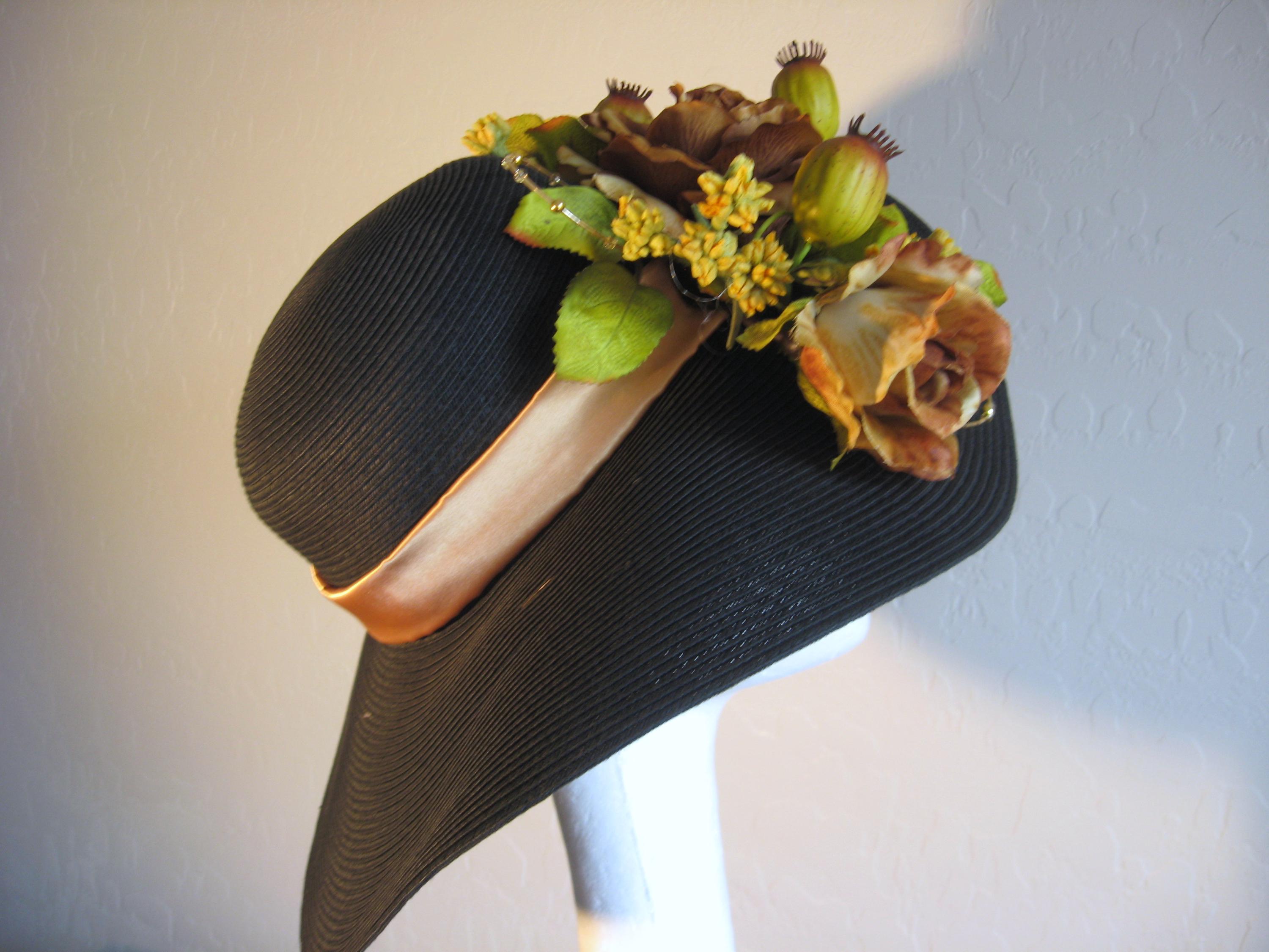 Extra Wide Brim Black Hat With Antique Gold Roses - Size  display picture 2