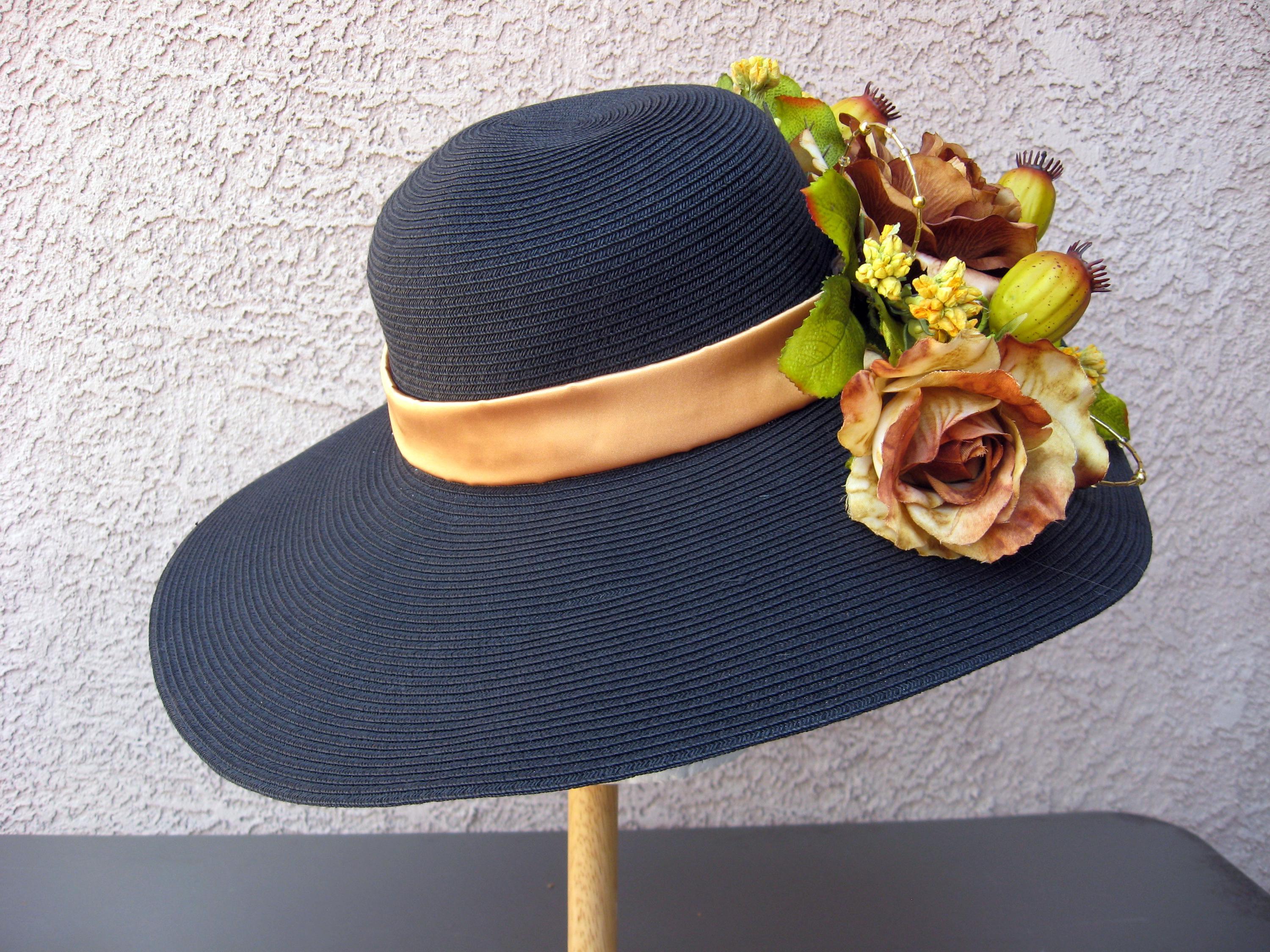 Extra Wide Brim Black Hat With Antique Gold Roses - Size  display picture 3