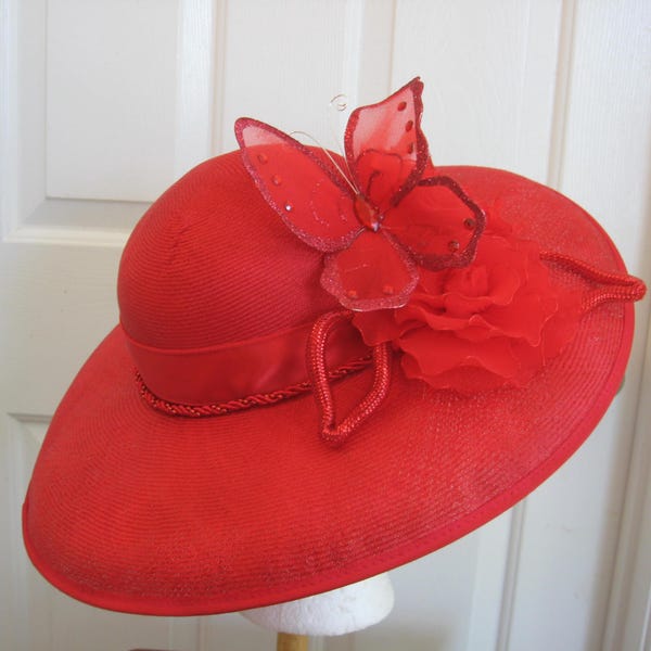 Wide brim red straw hat with flowers & butterfly - Size 21"