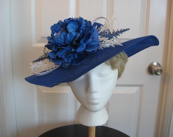 Blue Striped Hat with Blue Flower - Size 22"